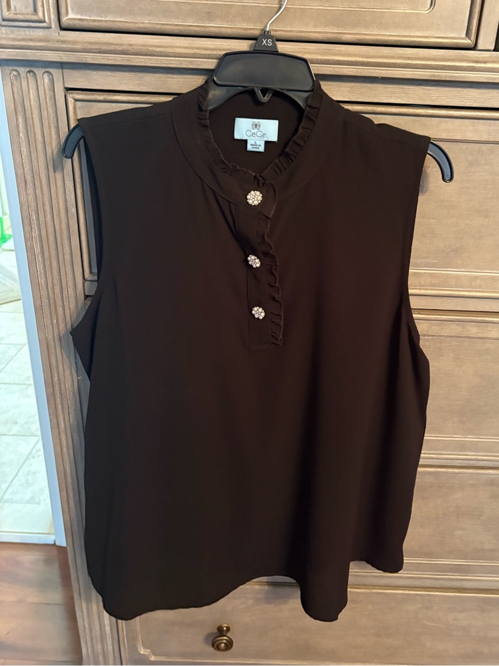 CeCe Black Sleeveless Ruffle Henley Camisole with Jewel Buttons